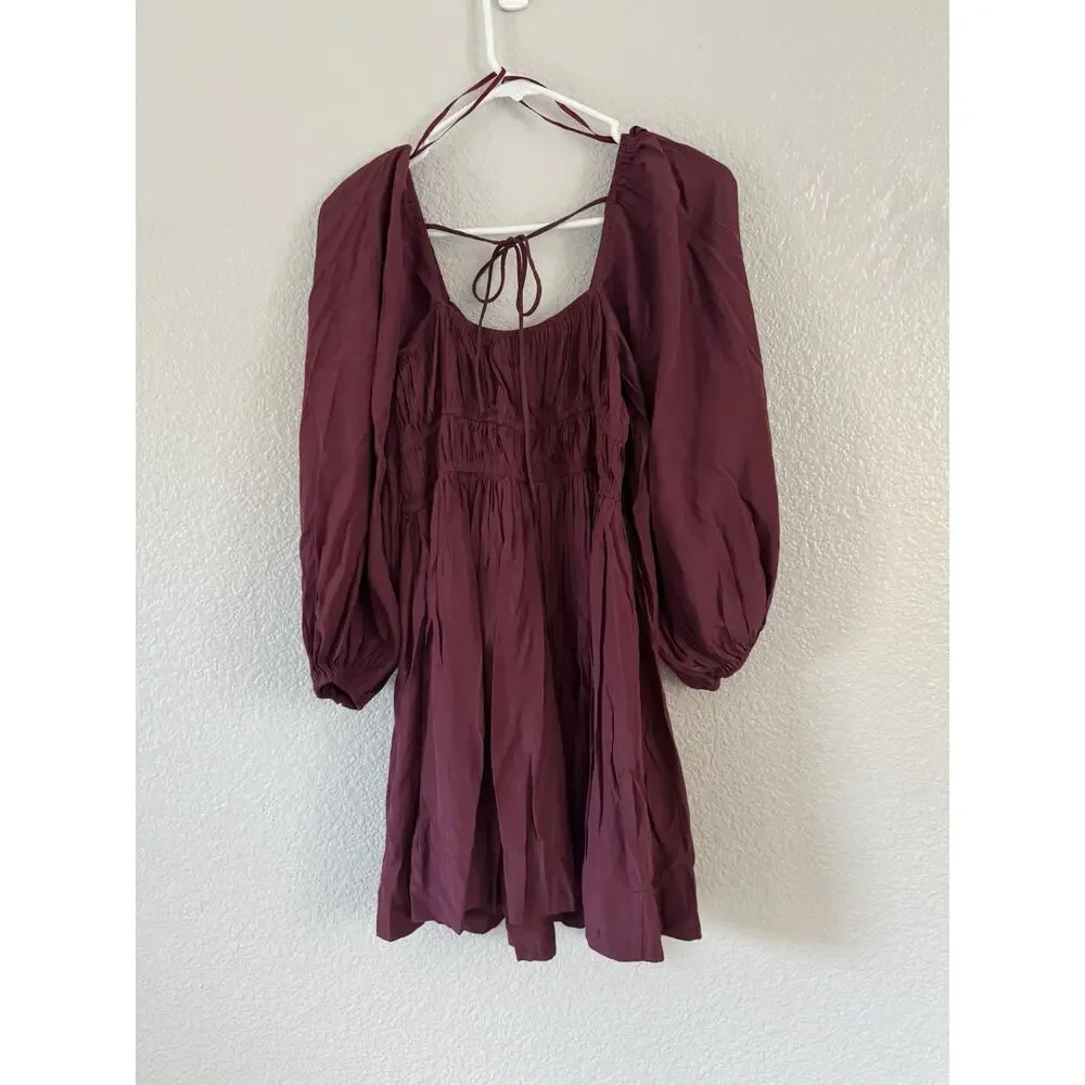 Burgundy Boho Mini Dress Mustard Seed Size Small Romantic Babydoll Drawstrings - Picture 3 of 7